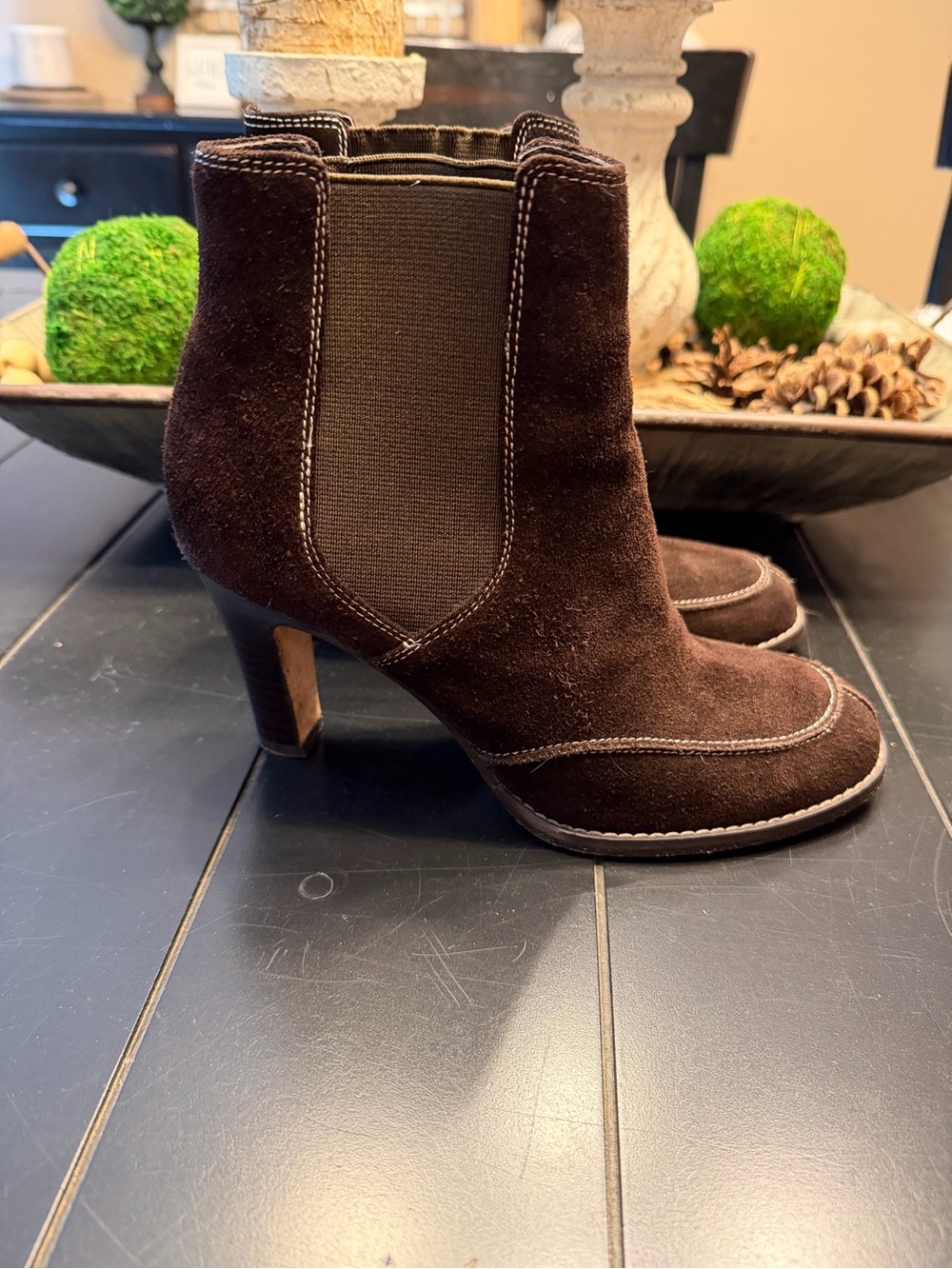 Laura Ashley Dark Chocolate Suede Ankle Booties with Block Heel